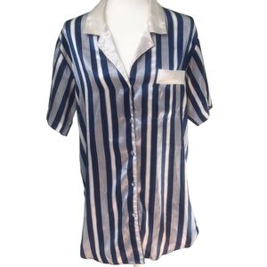 Vintage Lingerie Cacique Blue and White Striped Satin Night Shirt Size Small